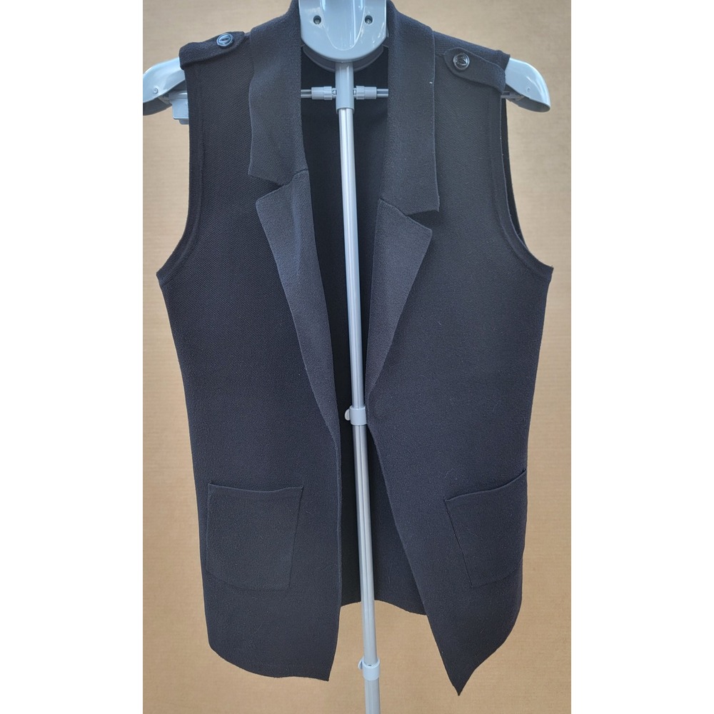 Sioni Women Black Knit Open Front Vest Notched Lapel Pocket Epaulette Large